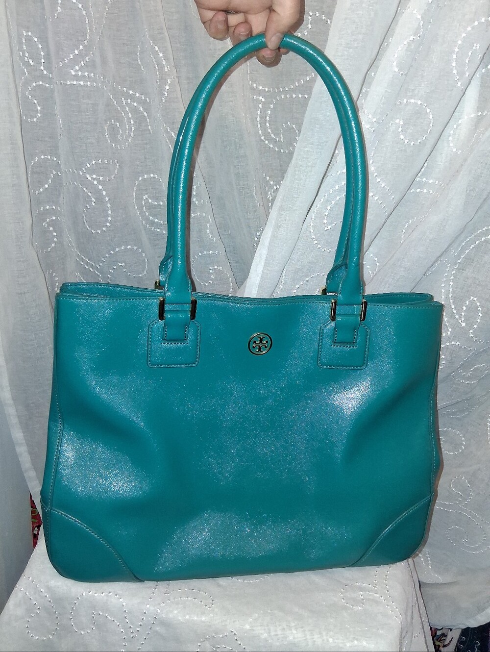 Tory Burch Teal Leather Tote Bag